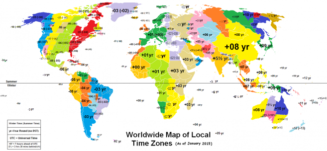 แผนที่เขตเวลาทั่วโลก [credit Phoenix B - CC BY-SA 3.0 via Wikimedia Commons]