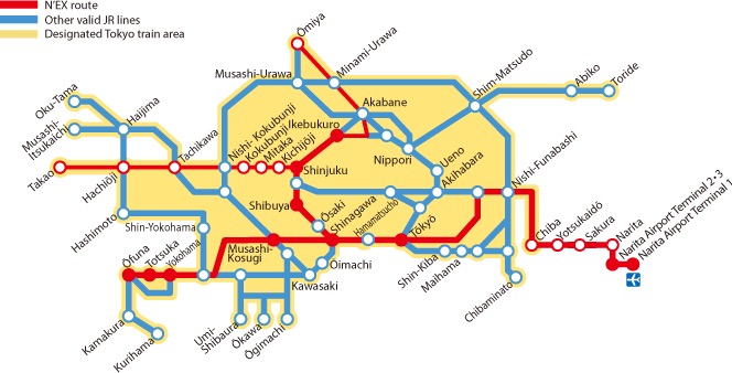 เที่ยวญี่ปุ่น เข้าเมืองจากสนามบิน แผนที่เส้นทางทั้งหมดของ Narita Express (N'EX) เส้นทางทั้งหมดของ Narita Express (N'EX) แต่ไม่รวมที่วิ่งไป Kawaguchiko
