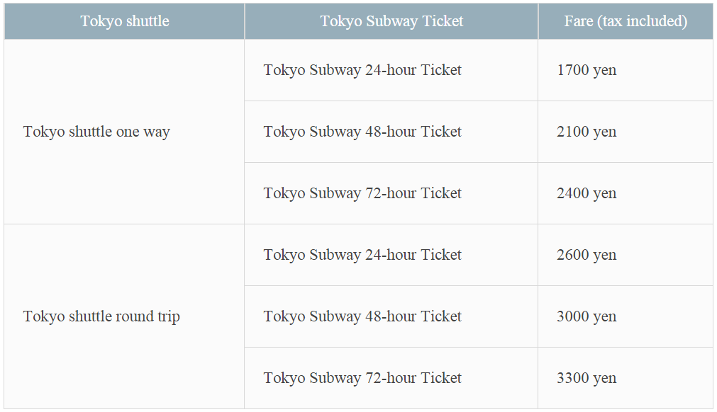 ราคา Keisei Bus แบบพิเศษ เมื่อซื้อพร้อม Tokyo Subway Ticket ราคาเมื่อซื้อตั๋ว Keisei Bus เที่ยวเดียวหรือไปกลับ พร้อมกับ Tokyo Subway Ticket แบบ 24, 36 หรือ 72 ชั่วโมง