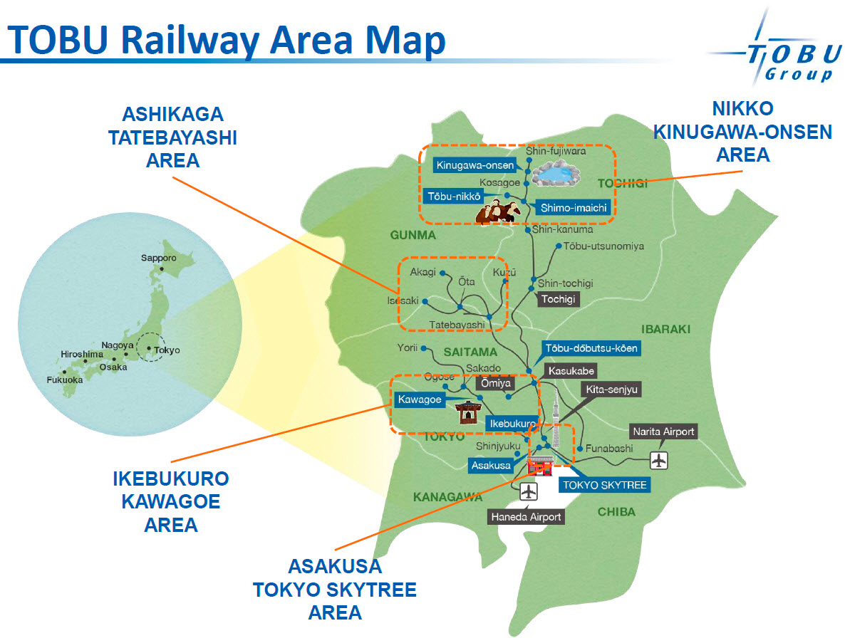 เส้นทางรถไฟ Tobu มุ่งสู่โซนสถานที่ท่องเที่ยวที่สำคัญ