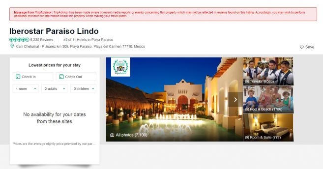 ตัวอย่างแถบเตือนสีแดงเหนือข้อมูลโรงแรมที่เคยเกิดเหตุอาชญากรรม ในเว็บ TripAdviser ตัวอย่างแถบเตือนสีแดงเหนือข้อมูลโรงแรมที่เคยเกิดเหตุอาชญากรรม ในเว็บ TripAdviser